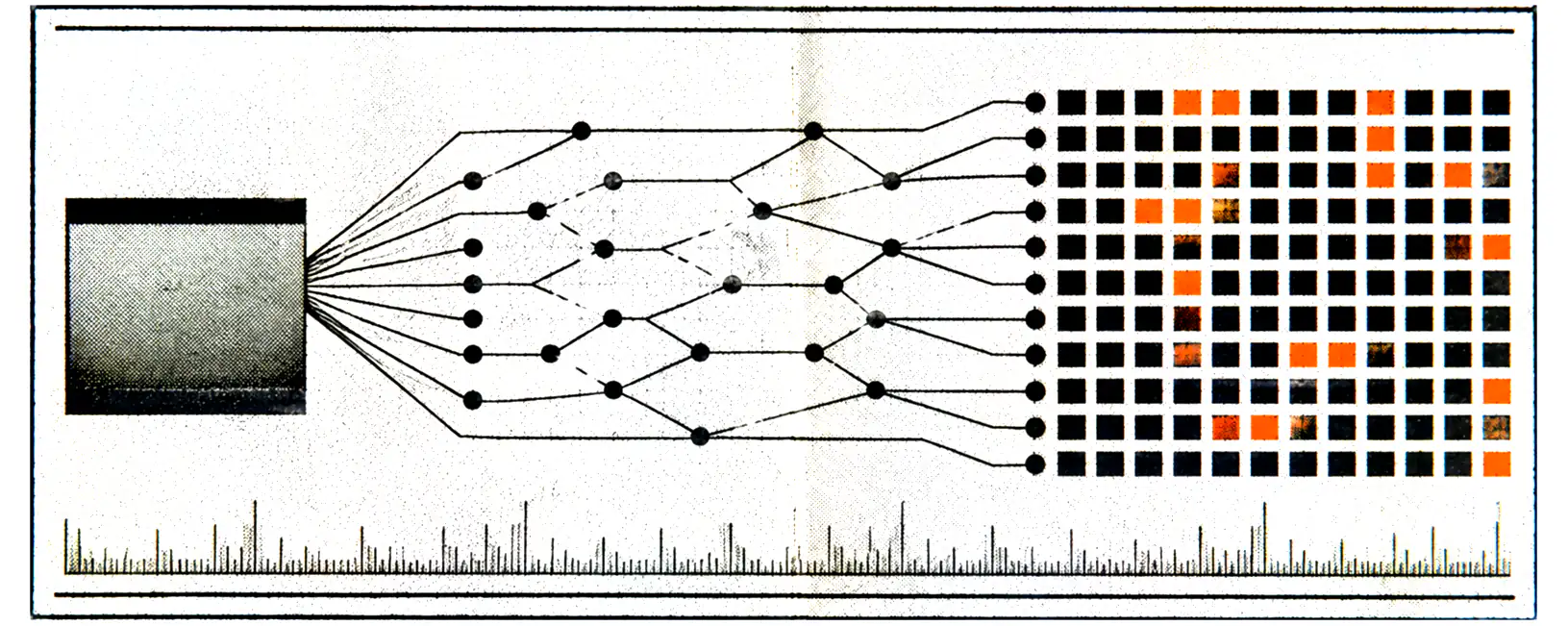 Printed plate for Aegis: an inked slab fanning out through an IAM authorization routing graph into a grid of permission cells over a tick scale.