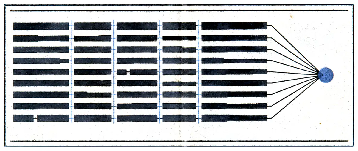 Printed plate for Vision: optical verification columns converging along fine ray lines into an authenticity focal point.