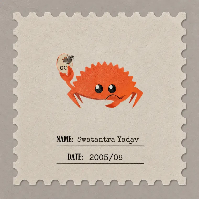 A perforated postage stamp: an orange crab holding a small ball marked GC, above the printed lines NAME, Swatantra Yadav, and DATE, 2005/08.